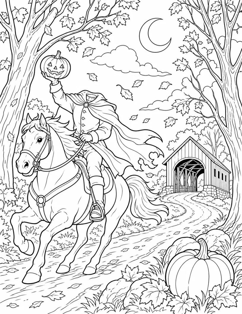 Black-and-white coloring illustration of the Headless Horseman riding through autumn woods near a covered bridge with pumpkins and a crescent moon