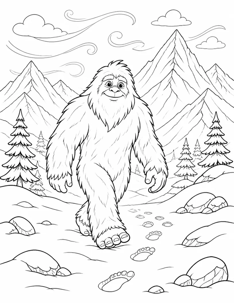 Black-and-white coloring illustration of a friendly Yeti walking through Himalayan snow beneath mountain peaks