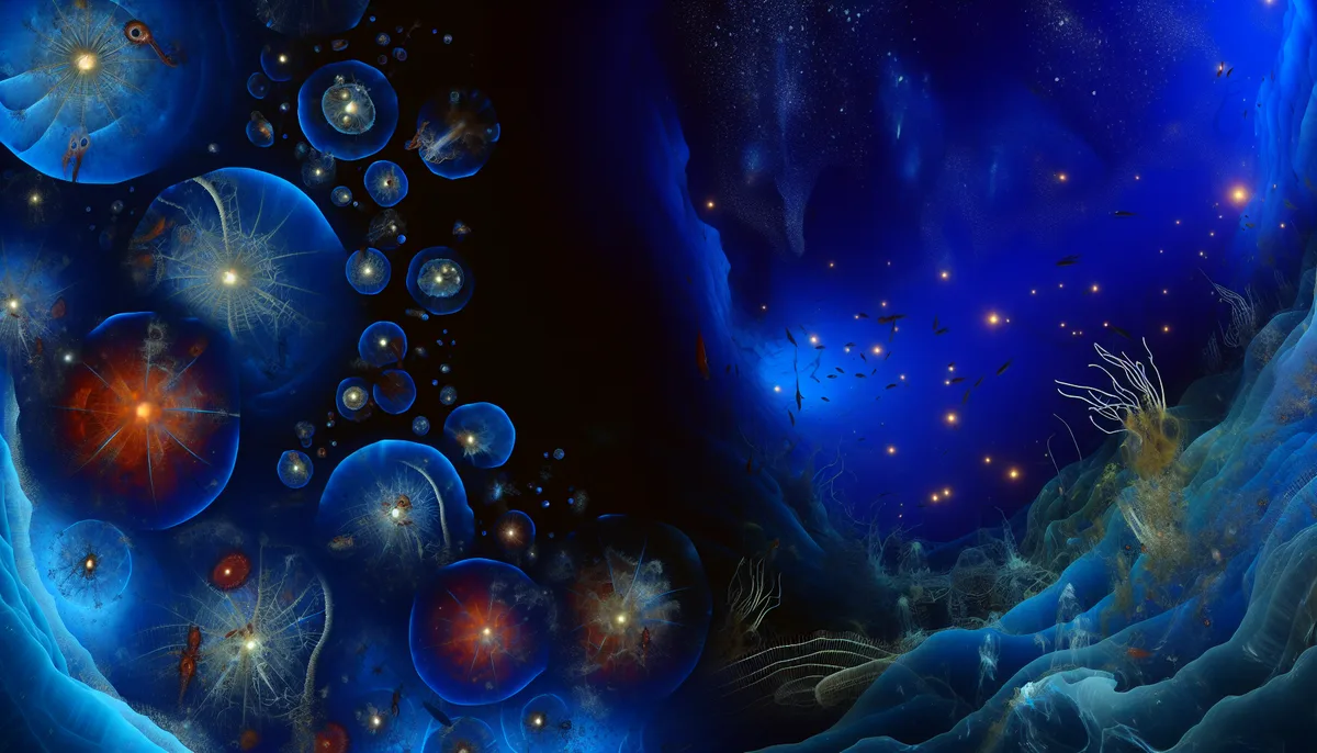 An abstract and colorful underwater scene showcasing various bioluminescent marine creatures, including jellyfish and other deep-sea organisms, emphasizing the mysterious allure of undersea environments. Perfect for "10 Astounding Deep Sea Discoveries."