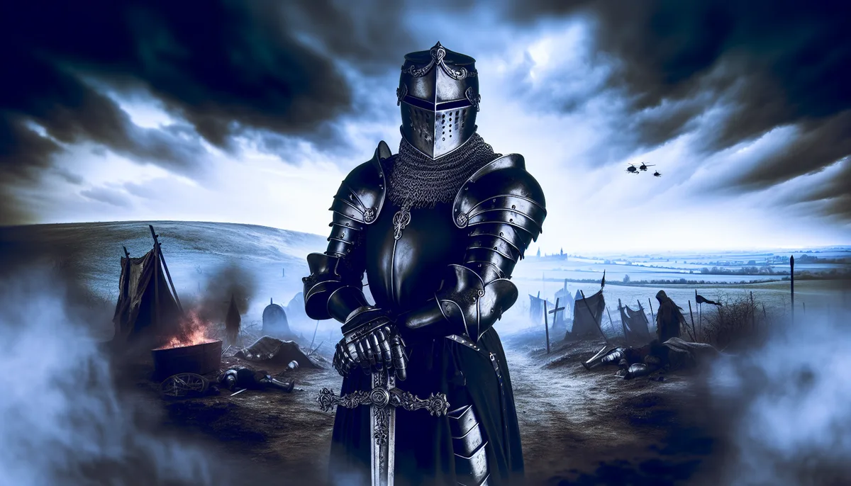 Alt Text: A Black Knight stands in a medieval battlefield wearing full black armor and holding a large ornate sword. The background features a camp of dark tents with smoke and mist creating an ominous atmosphere. Dark clouds swirl above, and distant helicopters fly over a landscape with fields and a castle in the far distance.