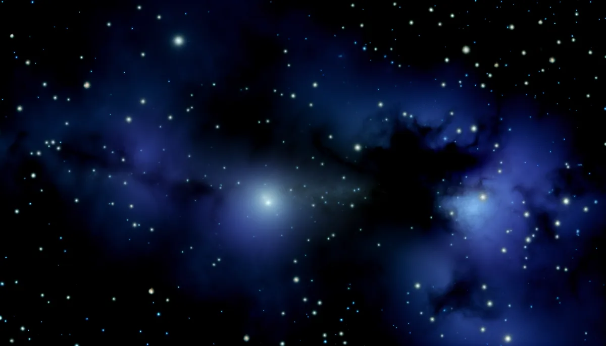 Alt Text: An artistic representation of a galaxy, possibly illustrating the Cosmic Dark Ages, with bright white stars scattered across a dark blue background filled with patches of light and dark nebulae.