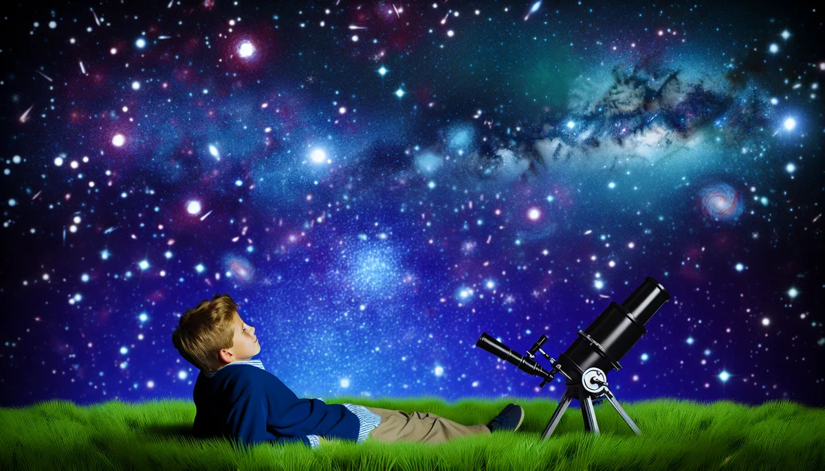 A young boy lies on grass gazing at the night sky filled with stars and galaxies, with a telescope beside him.