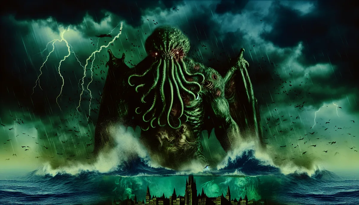 Alt Text: An ominous depiction of Cthulhu towering over a stormy ocean with enormous waves crashing against a silhouetted cityscape. Cthulhu, a monstrous sea creature with tentacles extending from its face, looms menacingly as lightning illuminates the dark, cloudy sky. Birds and other creatures are scattered throughout the scene, adding to the chaotic and eerie atmosphere.