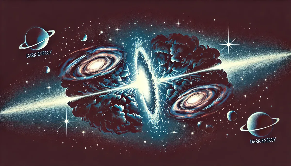 Illustration depicting the concept of dark energy as an unseen force pushing the universe apart. The scene shows galaxies being pushed away from each other in the vast expanse of space, with deep space elements like stars, nebulae, and cosmic dust. The color scheme features dark tones with bright highlights to represent the mysterious and invisible nature of dark energy.
