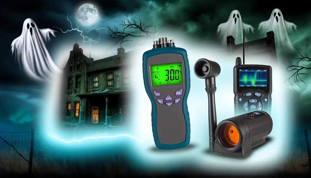 A spooky scene featuring ghost hunting gear. Three ghost detection devices are displayed prominently in the center, including an EMF meter with a green display, a thermal camera, and an EVP recorder. In the background, a haunted house with illuminated windows is shrouded in eerie fog, under a moonlit sky with lightning. Three ghostly figures appear around the house, adding to the haunting atmosphere.