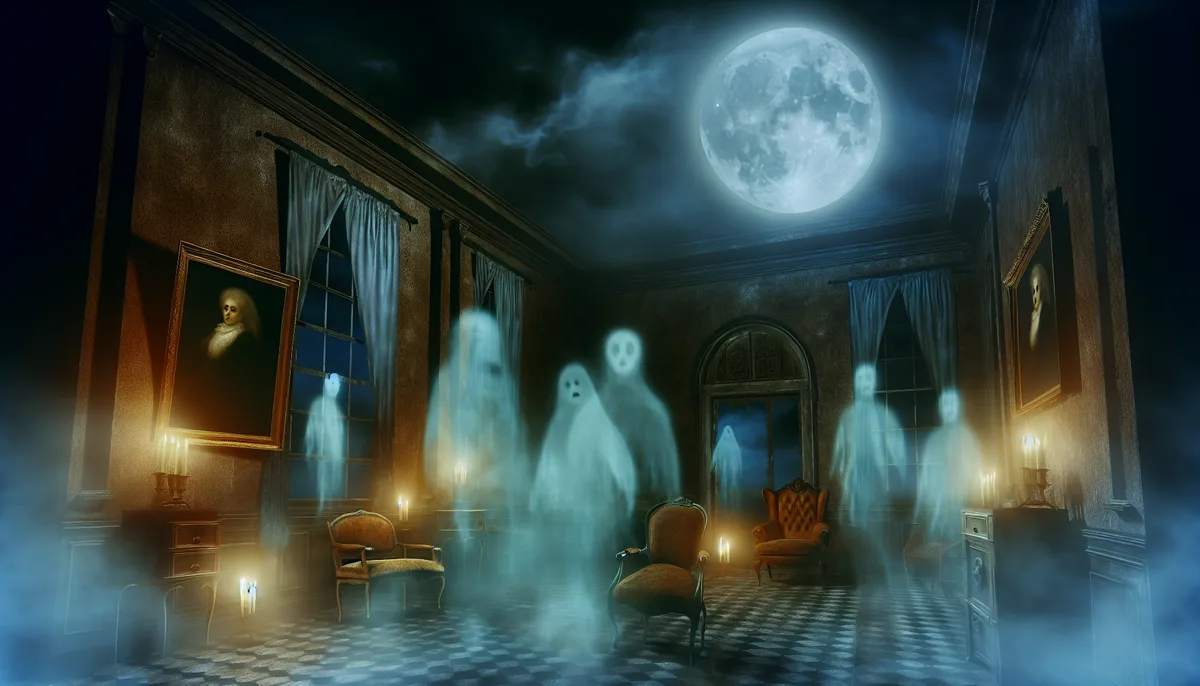 Alt Text: A haunted room illuminated by moonlight showcases ghostly apparitions floating amidst antique furniture and eerie portraits. The atmosphere is filled with a spectral glow, casting shadows on the checkered floor and walls, emphasizing a sense of spooky presence. A realistic full moon can be seen through the windows, adding to the haunted ambiance.
