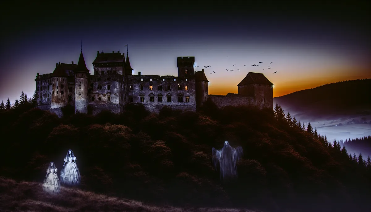 Alt Text: A haunted castle stands majestically on a hill at twilight, with its dark, ominous structure silhouetted against the colorful sunset sky. Ghostly apparitions, including translucent figures in period clothing, hover near the castle's base, adding to the eerie atmosphere. Black birds fly in the distance, enhancing the haunting scene.