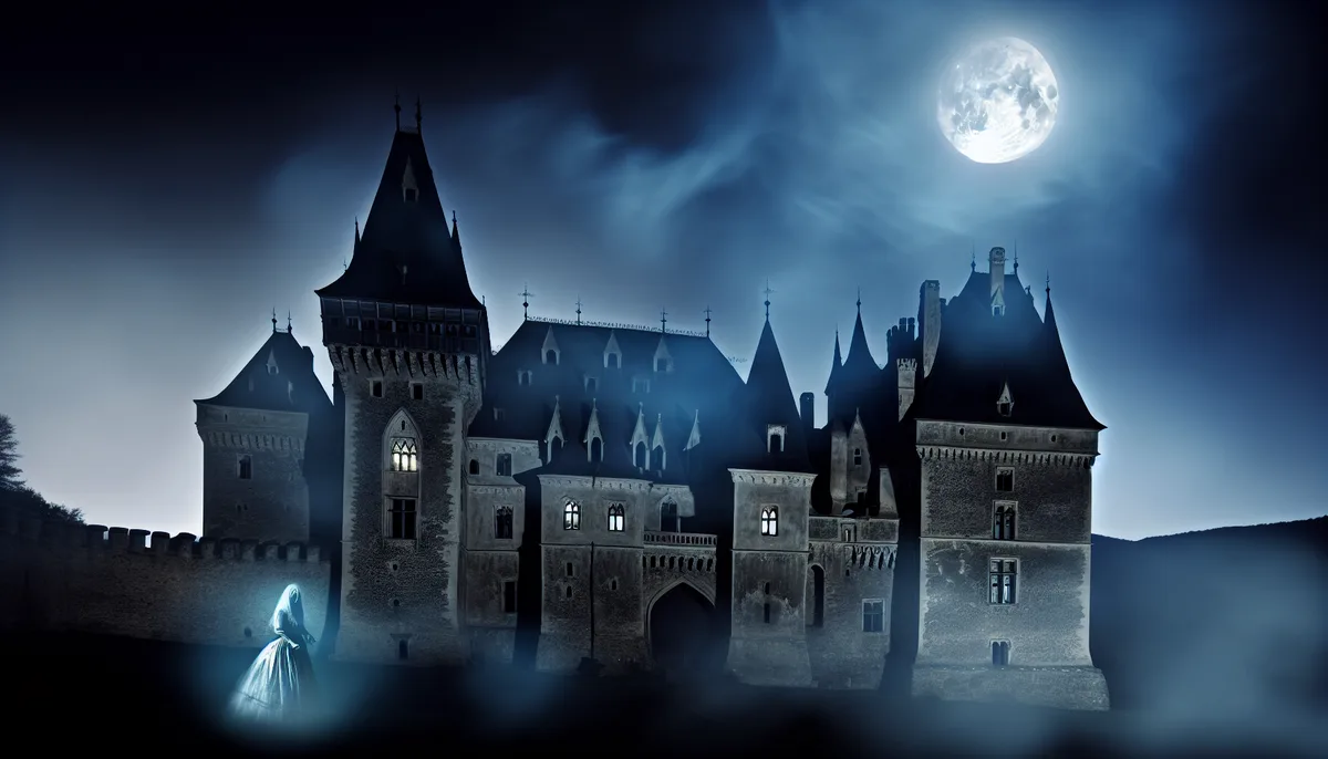 Alt Text: A moonlit scene featuring a large, medieval castle with multiple towers and pointed rooftops, enveloped in a misty, eerie atmosphere. The full moon shines brightly in the night sky, casting a ghostly light over the castle. In the foreground, a spectral figure in a flowing gown appears illuminated, adding to the haunted castles theme.