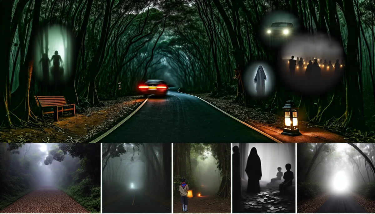 Alt Text: A compilation of eerie scenes depicting haunted roads. The top image shows a dark, misty, tree-covered road with an empty bench, apparitions in the trees, a car speeding away with red taillights glowing, and ghostly figures illuminated by a lantern. The bottom row includes a foggy gravel path, a brightly lit distant ghostly figure on a road, a child in a haunted forest with a lantern, shadowy cloaked figures with children and scattered coins, and a misty road with a bright light at the end. The keyword "Haunted Roads" is central to the theme.