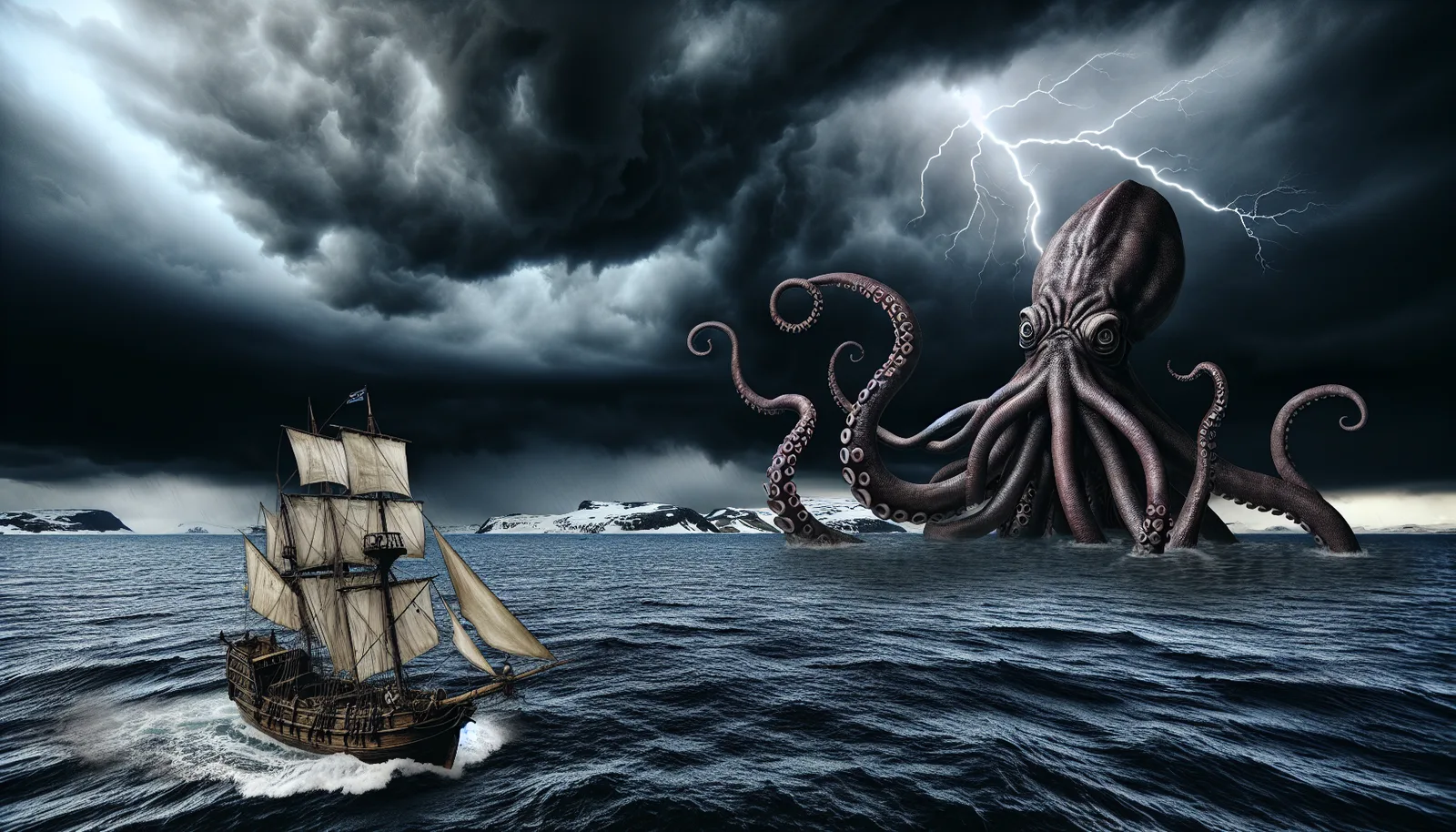 A large wooden sailing ship navigates stormy seas under a dark, cloudy sky with lightning. In the background, a colossal Kraken with numerous tentacles emerges from the water, towering over the ocean. Snow-covered mountains can be seen on the horizon.