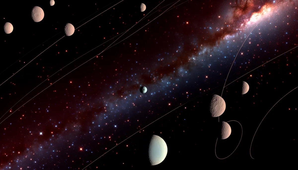 Alt Text: The image depicts a colorful, star-filled section of outer space with several icy bodies orbiting, representing the Kuiper Belt. A band of bright stars and cosmic dust stretches diagonally across the background, while various orbits are illustrated with curved lines around the celestial bodies.