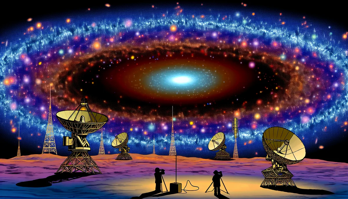 Alt Text: An artistic depiction of large radio telescopes positioned on an alien-like desert landscape, pointing towards a vibrant and colorful cosmic scene with a spiraling galaxy and a Microwave Background in the sky. Two silhouetted figures stand in the foreground observing and taking notes.