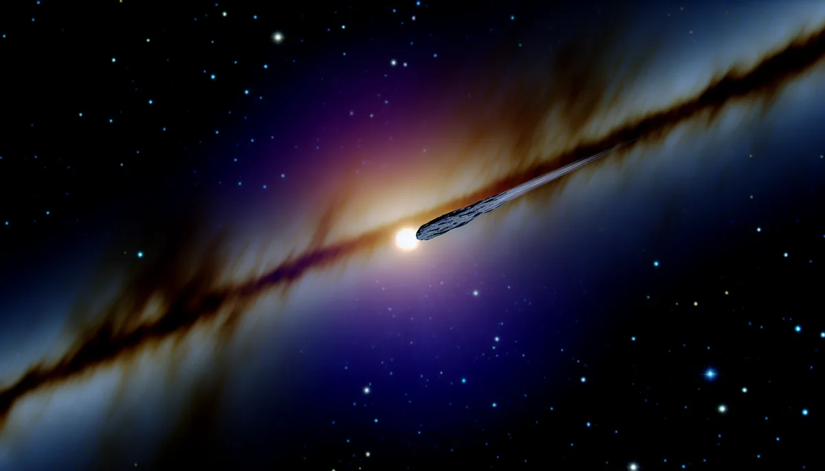 An artistic depiction of the Oumuamua interstellar object streaking through space, with a starry background and a bright light source behind it, illustrating the mystery of the Oumuamua interstellar object.