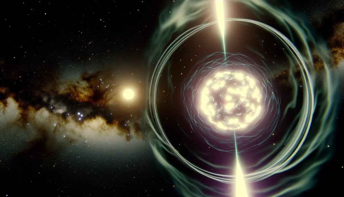 A pulsar emits intense beams of radiation in the vast expanse of space, with a galaxy visible in the background.