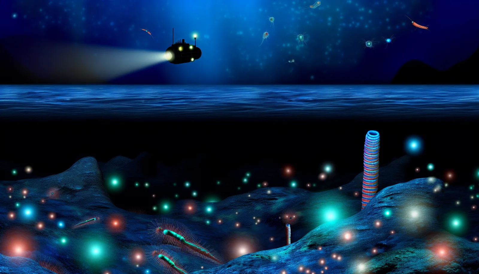 Alt Text: An underwater scene depicting ocean depths with a small submarine exploring the dark environment. The submarine has bright lights, illuminating the surrounding area. Various bioluminescent creatures and organisms can be seen, glowing in the dark waters near the seafloor. tubeworm structure and glowing particles dot the rocky underwater landscape.