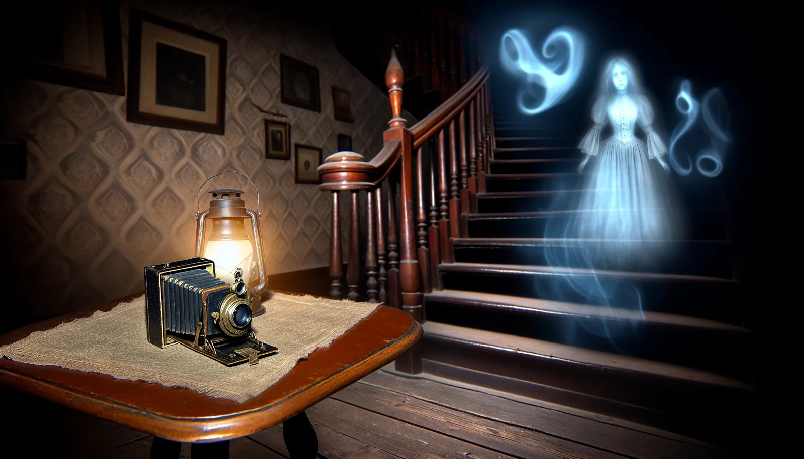 Alt Text: "A vintage camera and an old-fashioned lantern sit on a small wooden table in the foreground of an eerie room with patterned wallpaper. Behind the table is a wooden staircase leading to darkness, with the ethereal figure of a ghostly woman, highlighted by wisps of blue light, appearing to float on the steps. This image portrays an eerie scene that captures the essence of spirit photography."