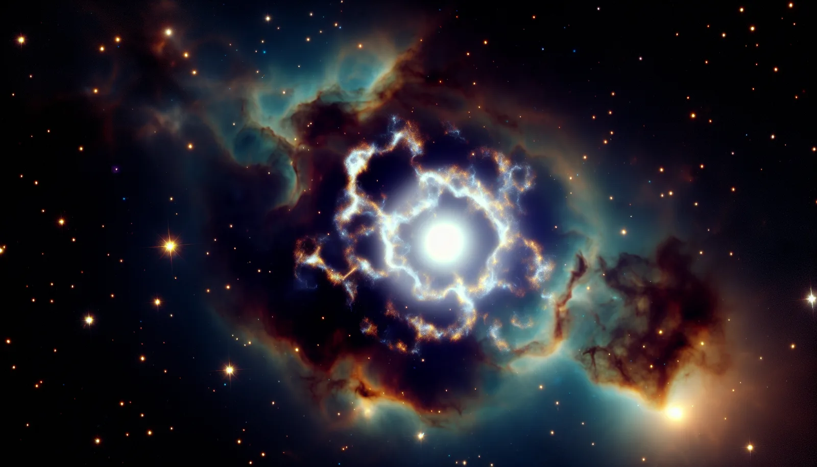 Alt Text: A vibrant image of supernova remnants in space showcases a bright central star enveloped by multi-colored clouds of gas and dust. Surrounding the remnants are a multitude of smaller stars scattered against the dark expanse of the universe. The gas and dust clouds exhibit hues of blue, green, orange, and brown, adding a dynamic and ethereal feel to the cosmic scene.