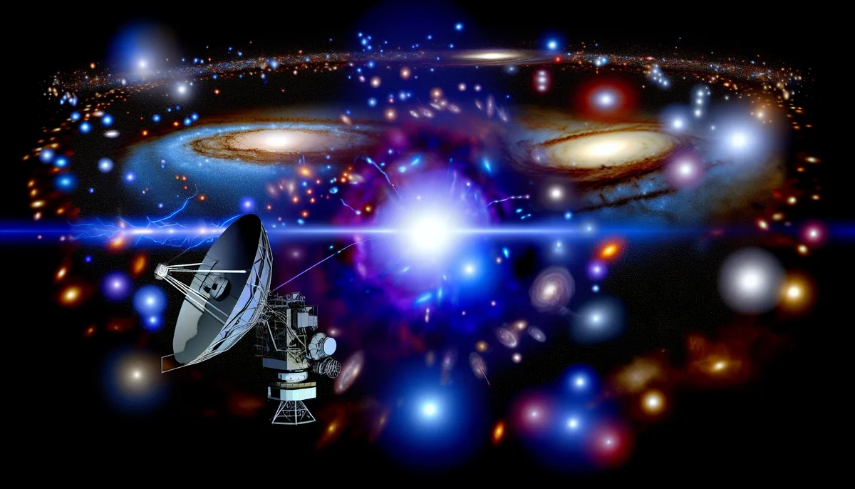A cosmic scene illustrating "Unraveling the Mystery: Decoding Fast Radio Bursts Phenomenon" with a satellite dish pointing towards a burst of light at the center. Surrounding the bright burst are galaxies and stars in various colors and sizes, set against the dark backdrop of space.