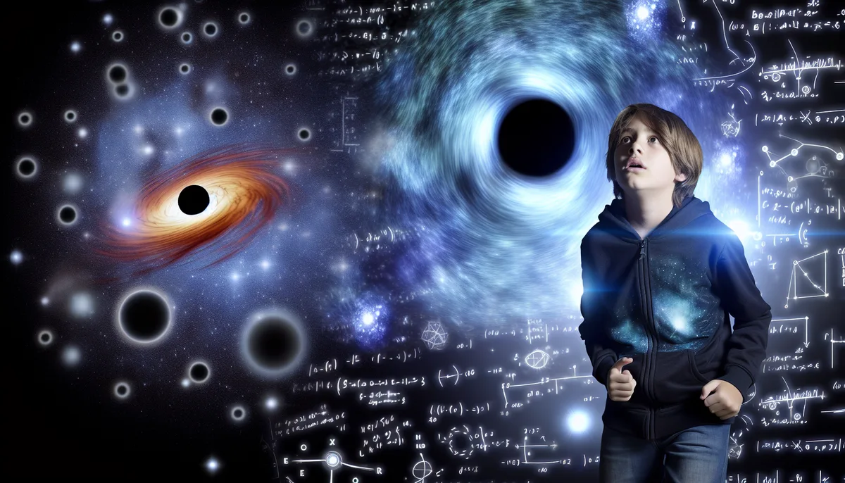 A young person in a dark hoodie looks up in awe, surrounded by vivid depictions of black holes, swirling galaxies, and intricate mathematical equations, capturing the essence of "Unveiling Black Holes: 10 Astonishing Mysteries Revealed."